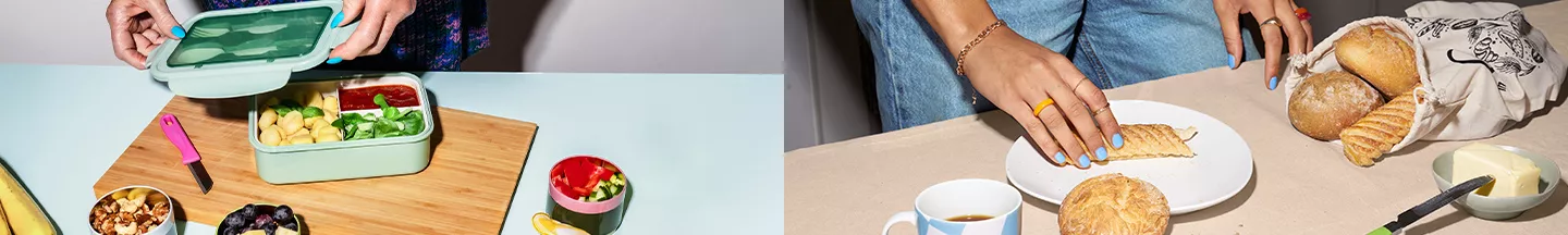 Personen bereitet Tupperware mit Essen vor und nehmen Gebäck aus Beutel.