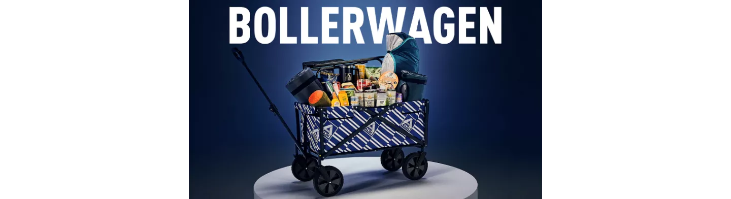 Vier Personen in Kleidung von ALDI Nord mit einem Bollerwagen gefüllt mit ALDI Nord Produkten