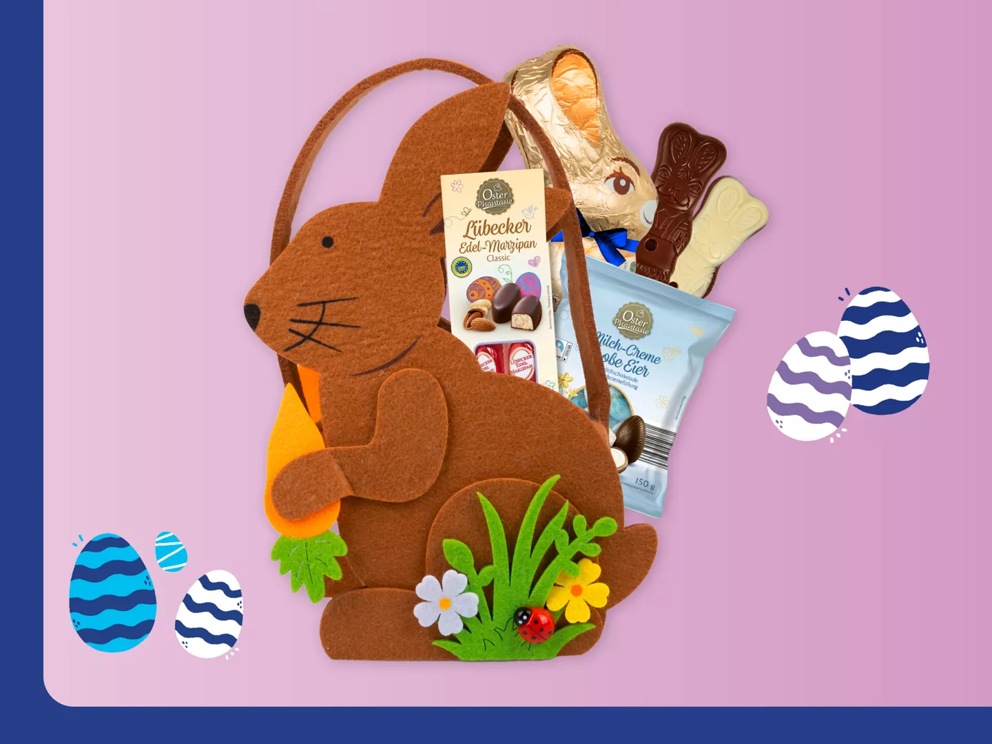 Filz-Osterhase mit verschiedenen Oster-Produkten