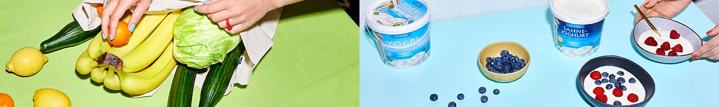 Links eine umgefallene Einkaufstasche mit Obst und Gemüse, rechts bereitet eine Person Joghurtbowls zu.