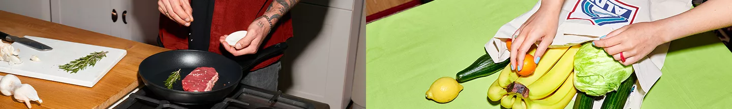 Links bereitet eine Person ein Steak zu, rechts daneben ein Bild einer ALDI Einkaufstasche mit Obst und Gemüse.