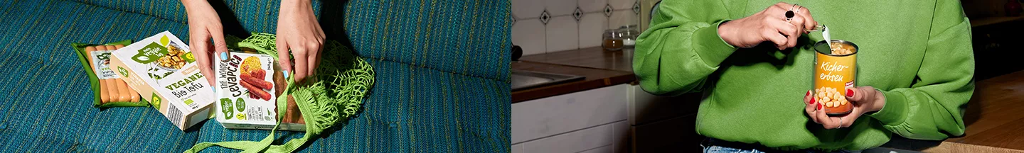 Zwei verschiedene Bilder mit veganen Proteinquellen.