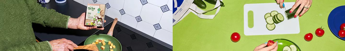 Links ein Bild auf dem eine Person Tofu in die Kamera hält, rechts ein Bild, wo jemand Gemüse schneidet.