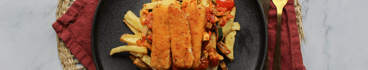 Loaded fries met vissticks ALDI