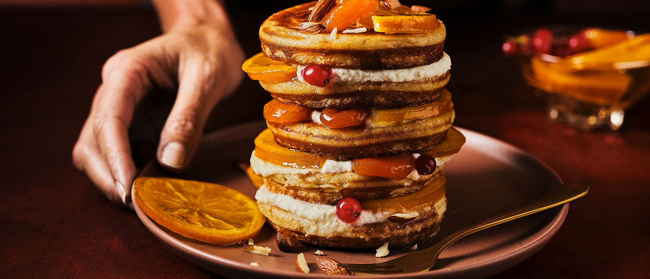 American pancakes met sinaasappel, abrikozen en noten bij ALDI