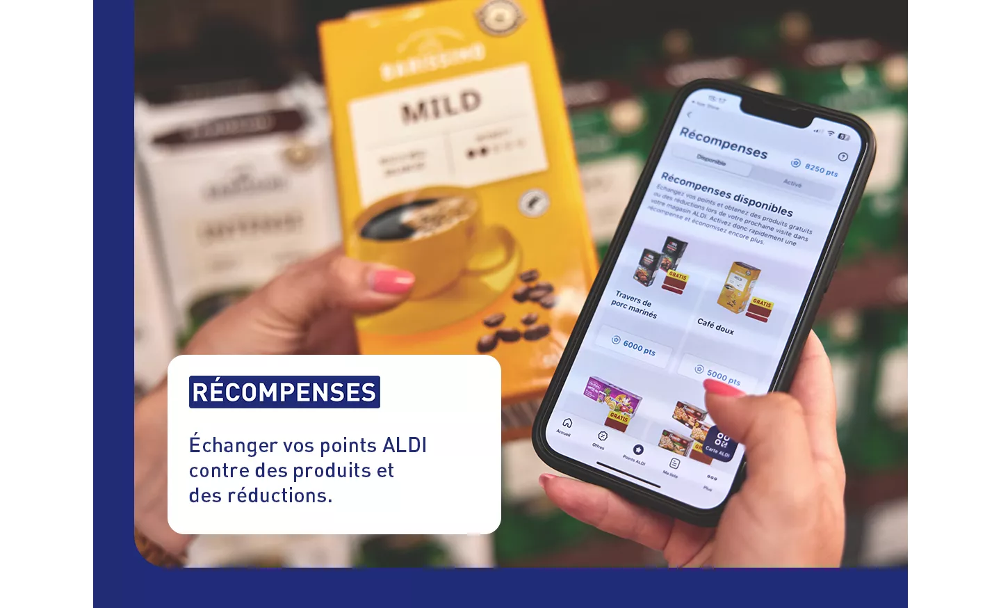Une personne active des récompenses et échange des points ALDI contre des produits gratuits et des réductions dans l’application sur un smartphone.