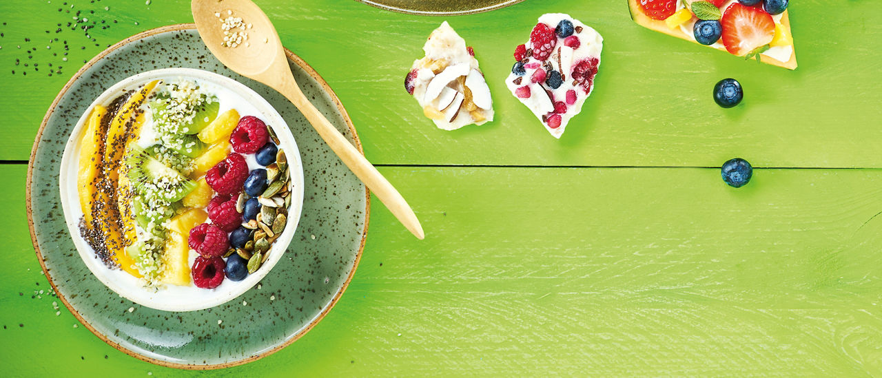 Fruitbowl met kwark en zaden en pitten van ALDI