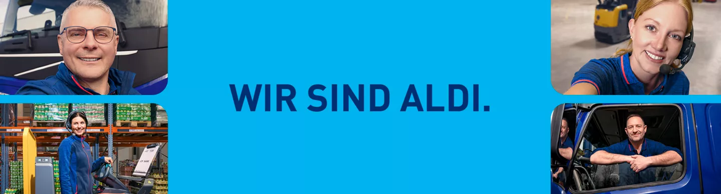 zu sehen sind mehere Portrait- und Arbeitsszenen von Mitarbitenden im Markt und Lager sowie das ALDI Nord Logo. 