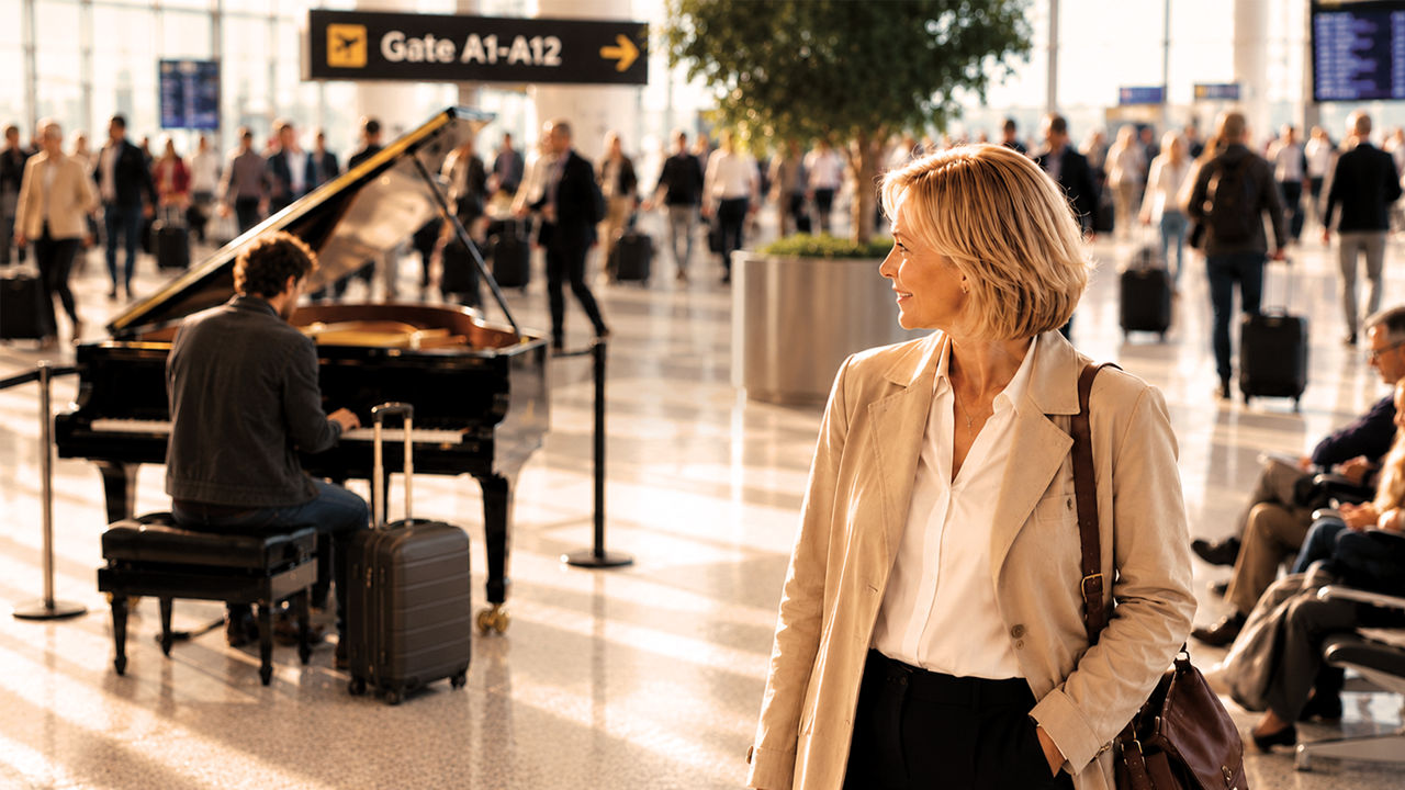 Woman listening to piano music in airport