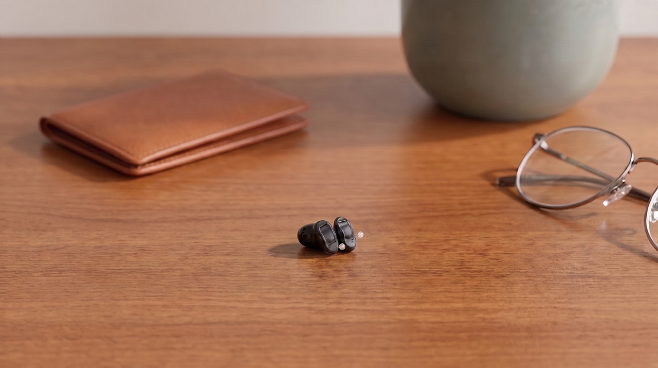 Wireless earbuds on wooden desk surface