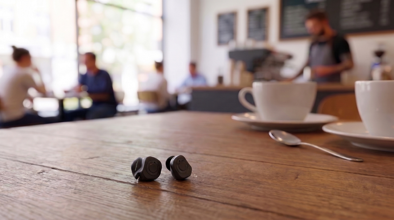 Wireless earbuds on coffee table in living room