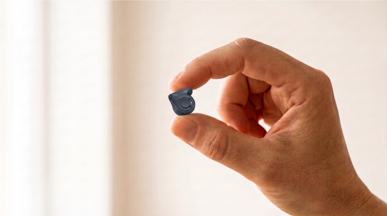Hand holding tiny black camera lens