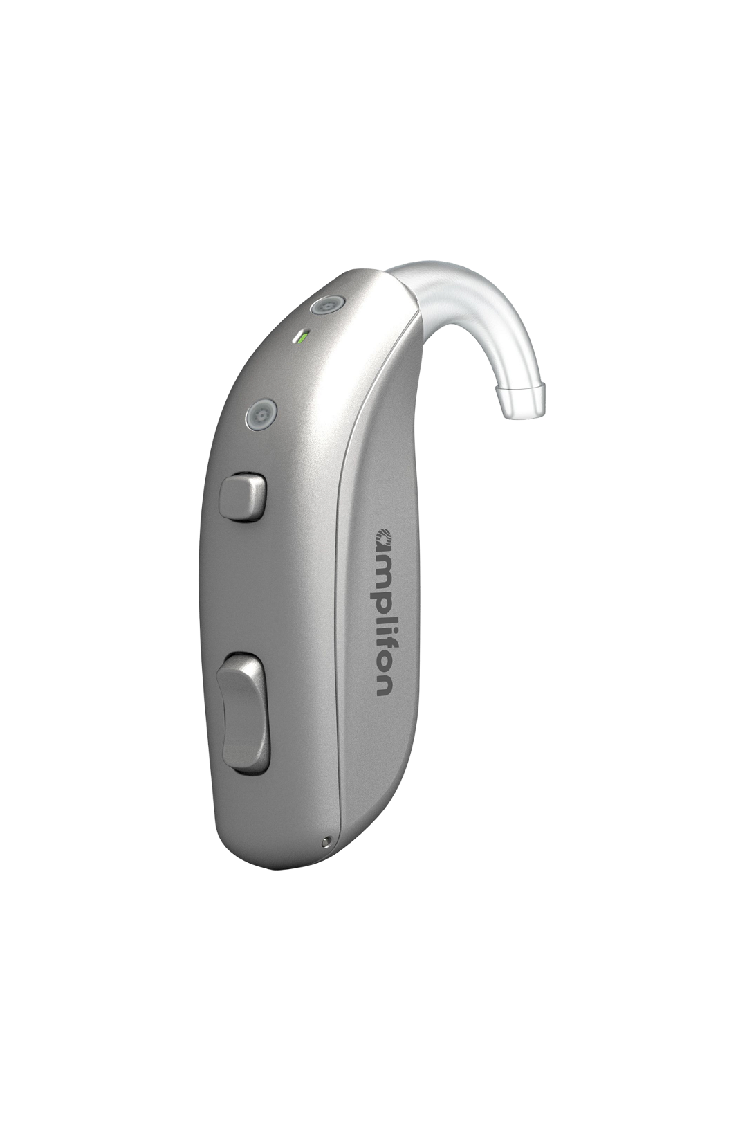 Silver behind-the-ear hearing aid device