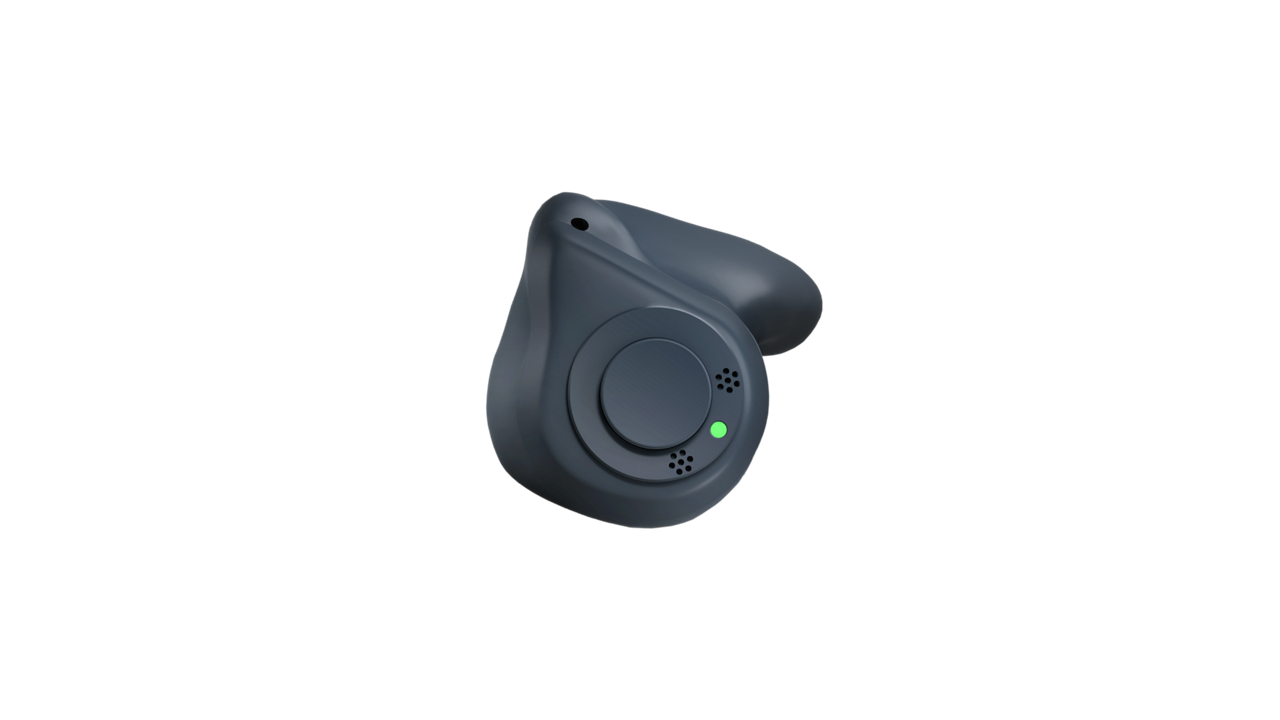 Dark wireless earbud with green indicator light