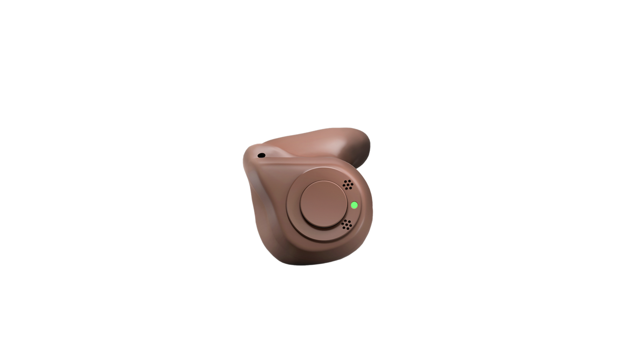 Brown wireless earbud with indicator light