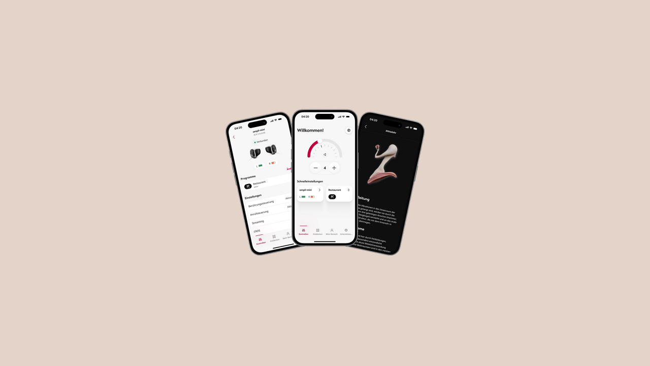 Three smartphones displaying modern app interfaces