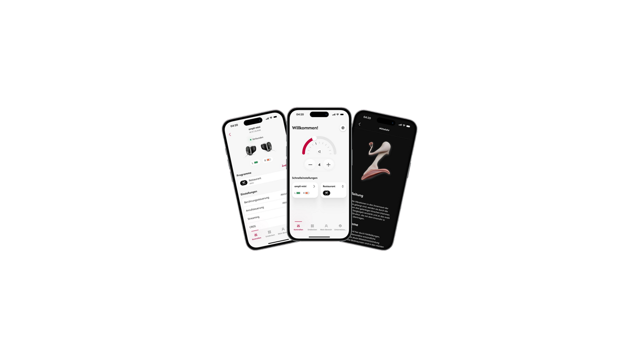Three smartphones displaying modern app interfaces