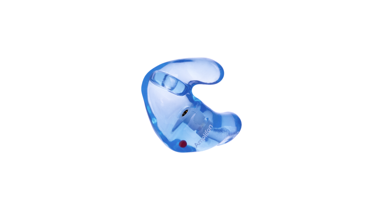 Blue custom molded in-ear hearing device