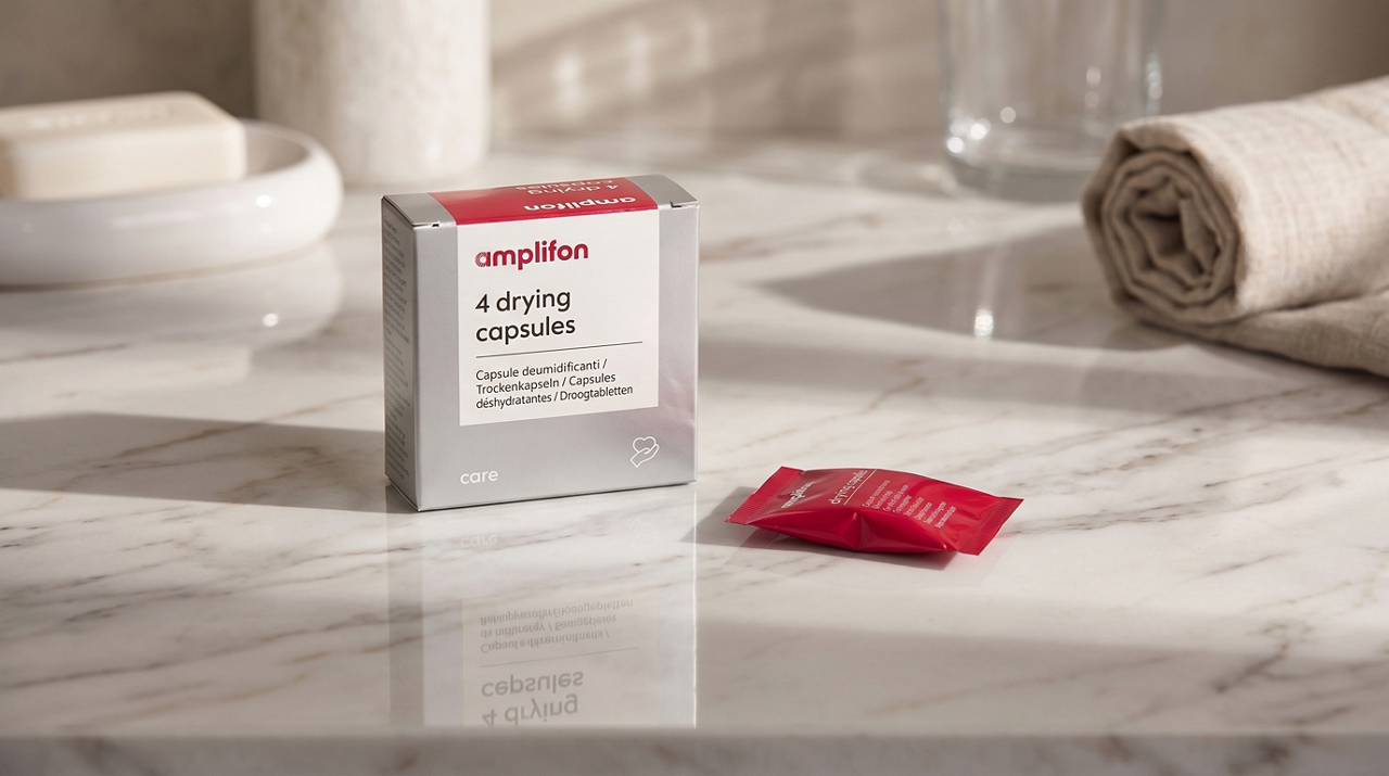 Amplifon 4 drying capsules on marble counter