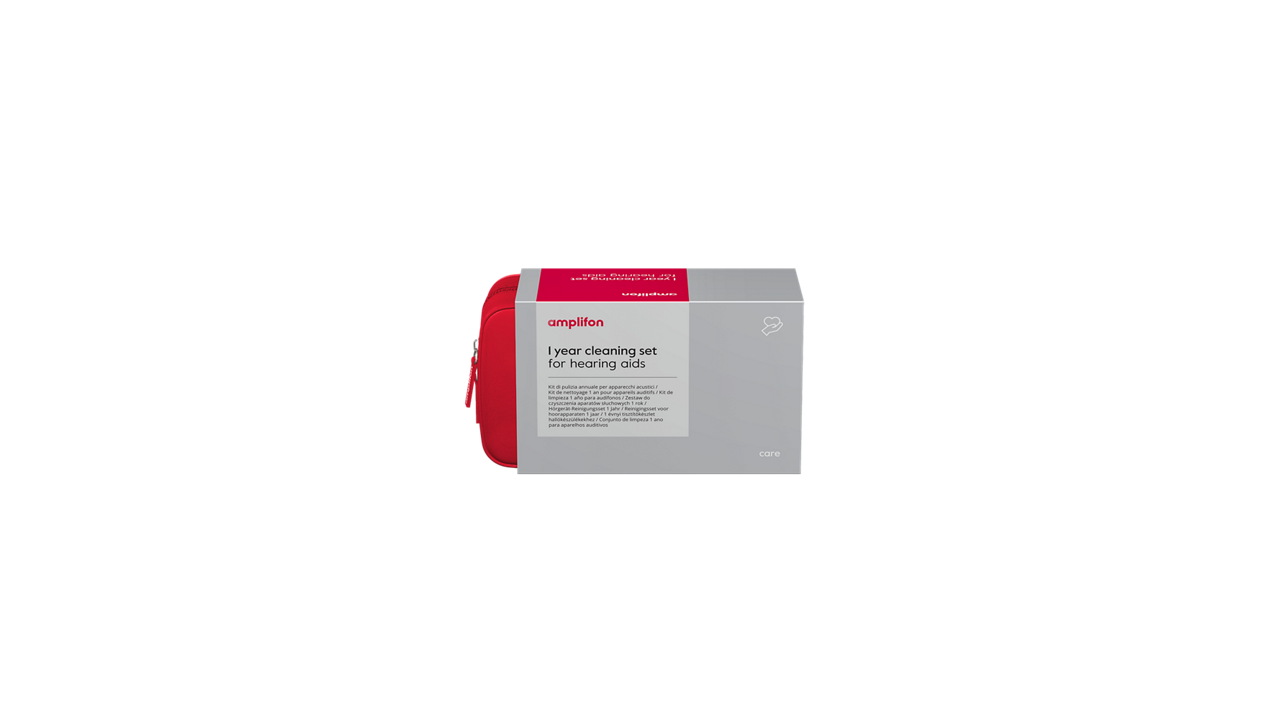 Hearing aid cleaning set in gray box
