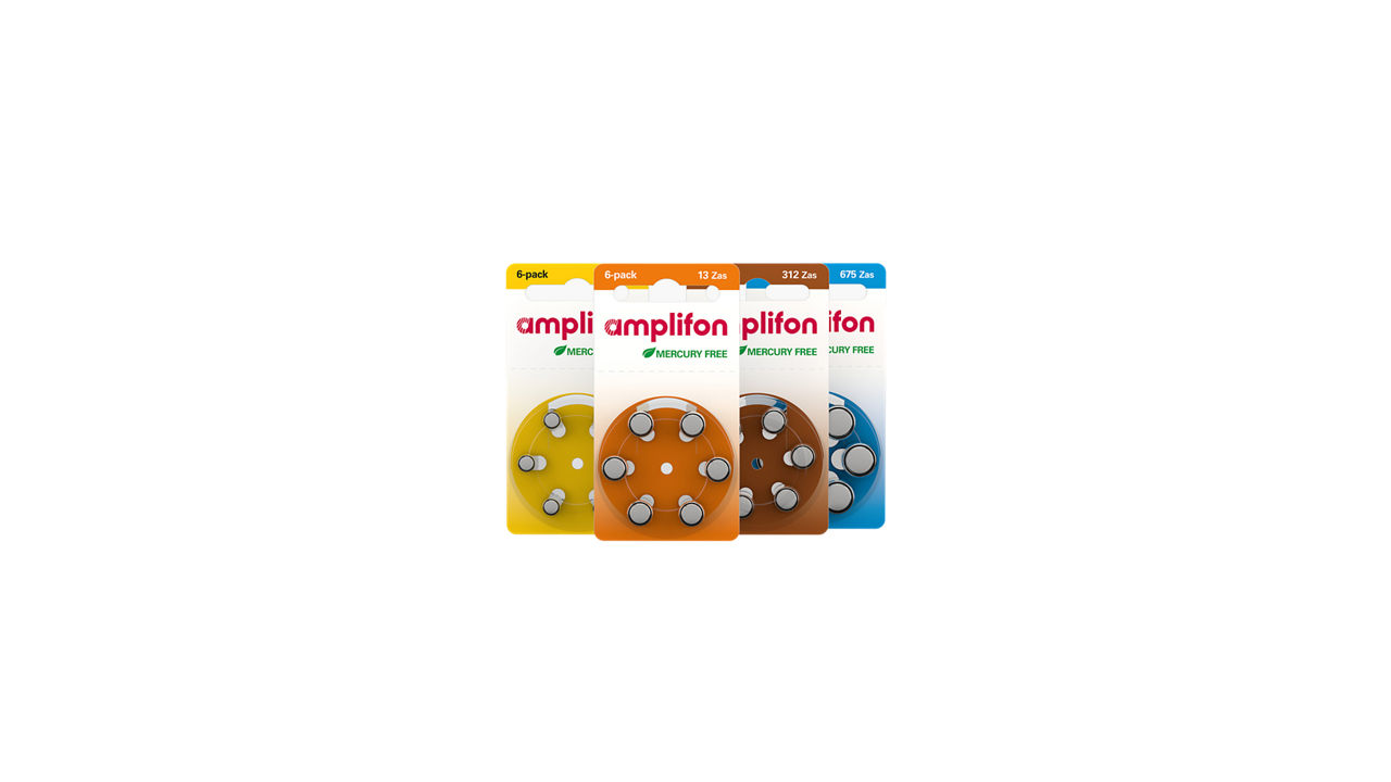 Colorful blister packs of hearing batteries