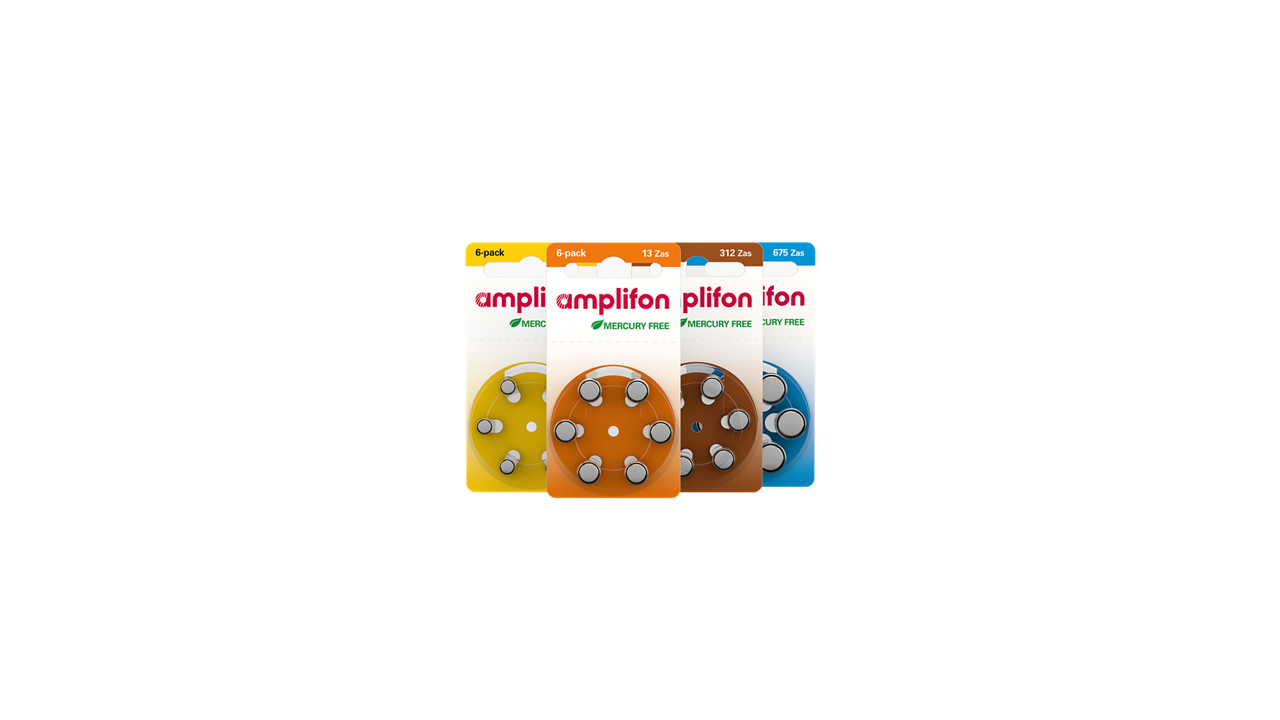 Colorful blister packs of hearing batteries