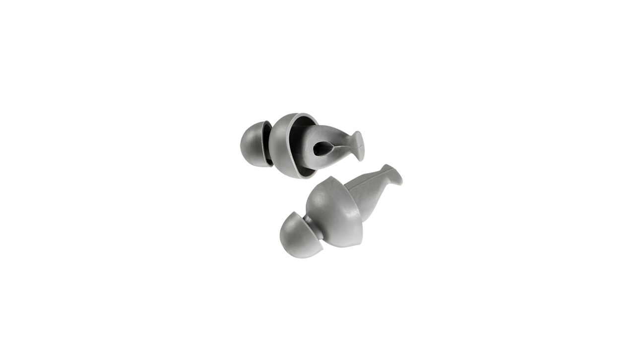 Gray silicone earplugs on white background