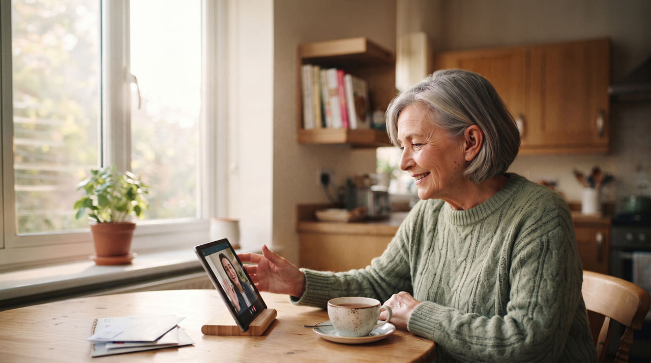 Senior woman video chatting at kitchen table
