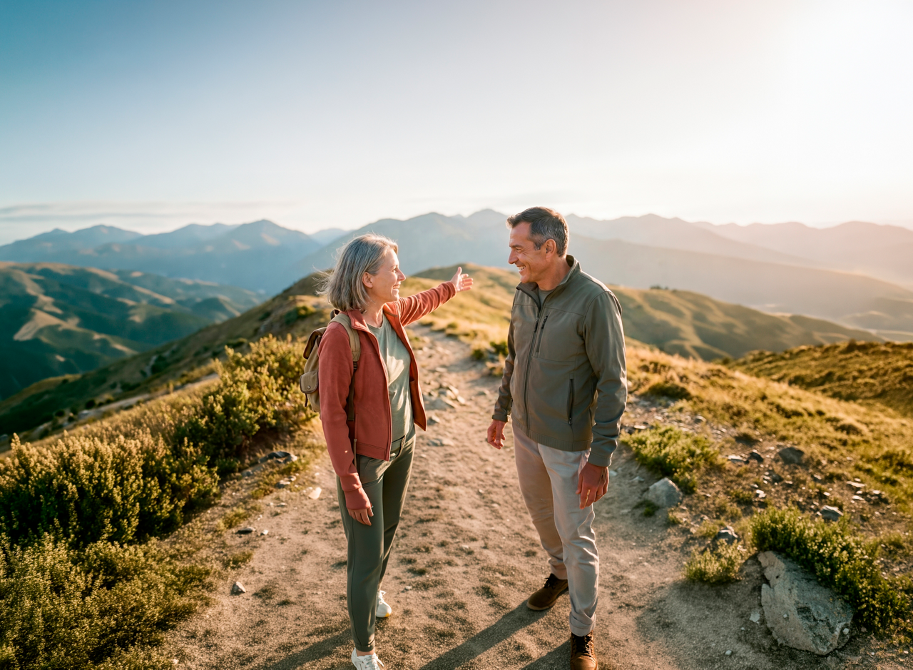 Senior couple hiking on mountain trail
