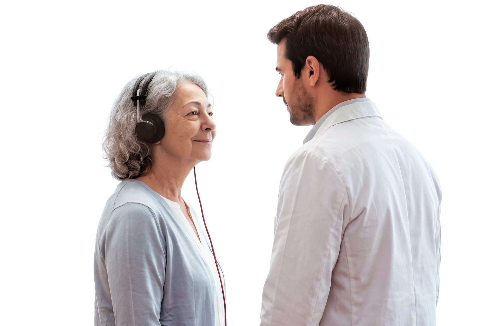 Group conversation with older woman wearing headphones