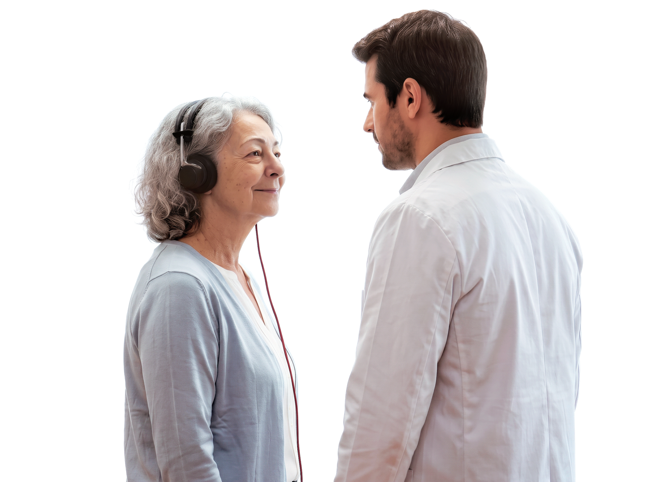Group conversation with older woman wearing headphones