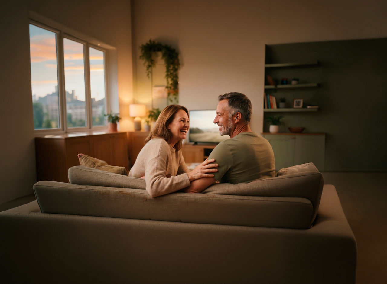 Happy couple relaxing on cozy sofa at sunset
