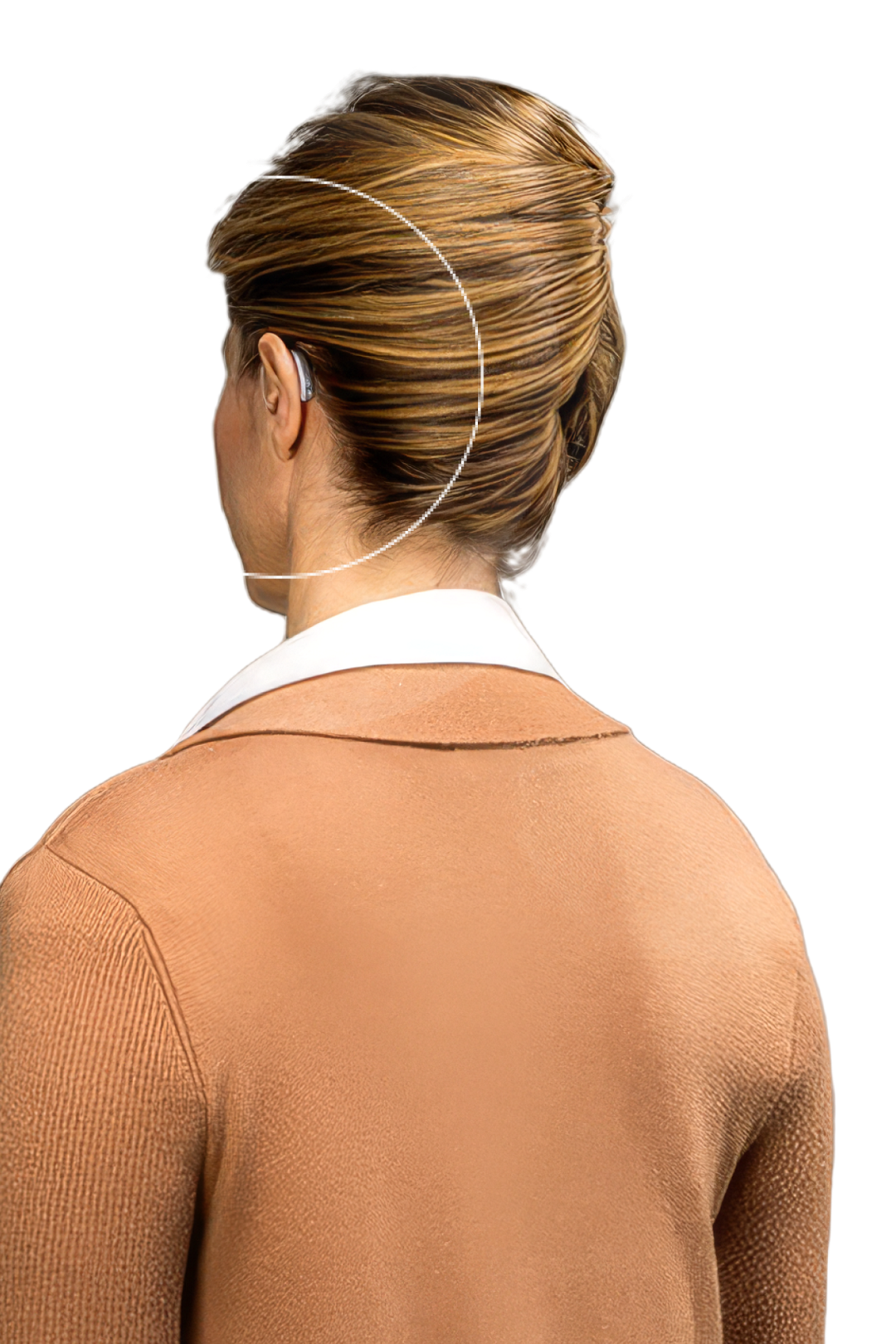 Woman viewed from behind in tan sweater
