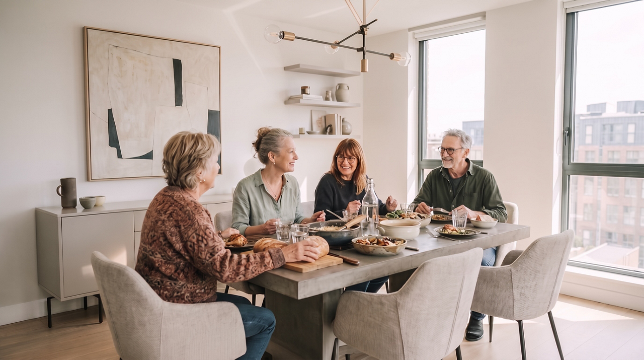 Friends enjoying dinner in modern apartment