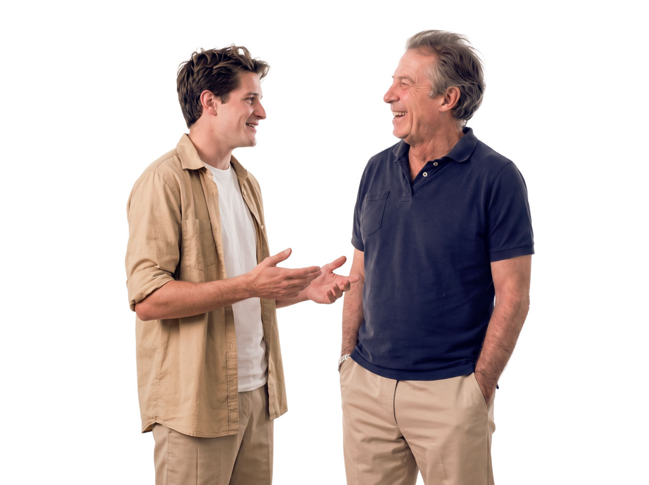 Two men walking and talking together