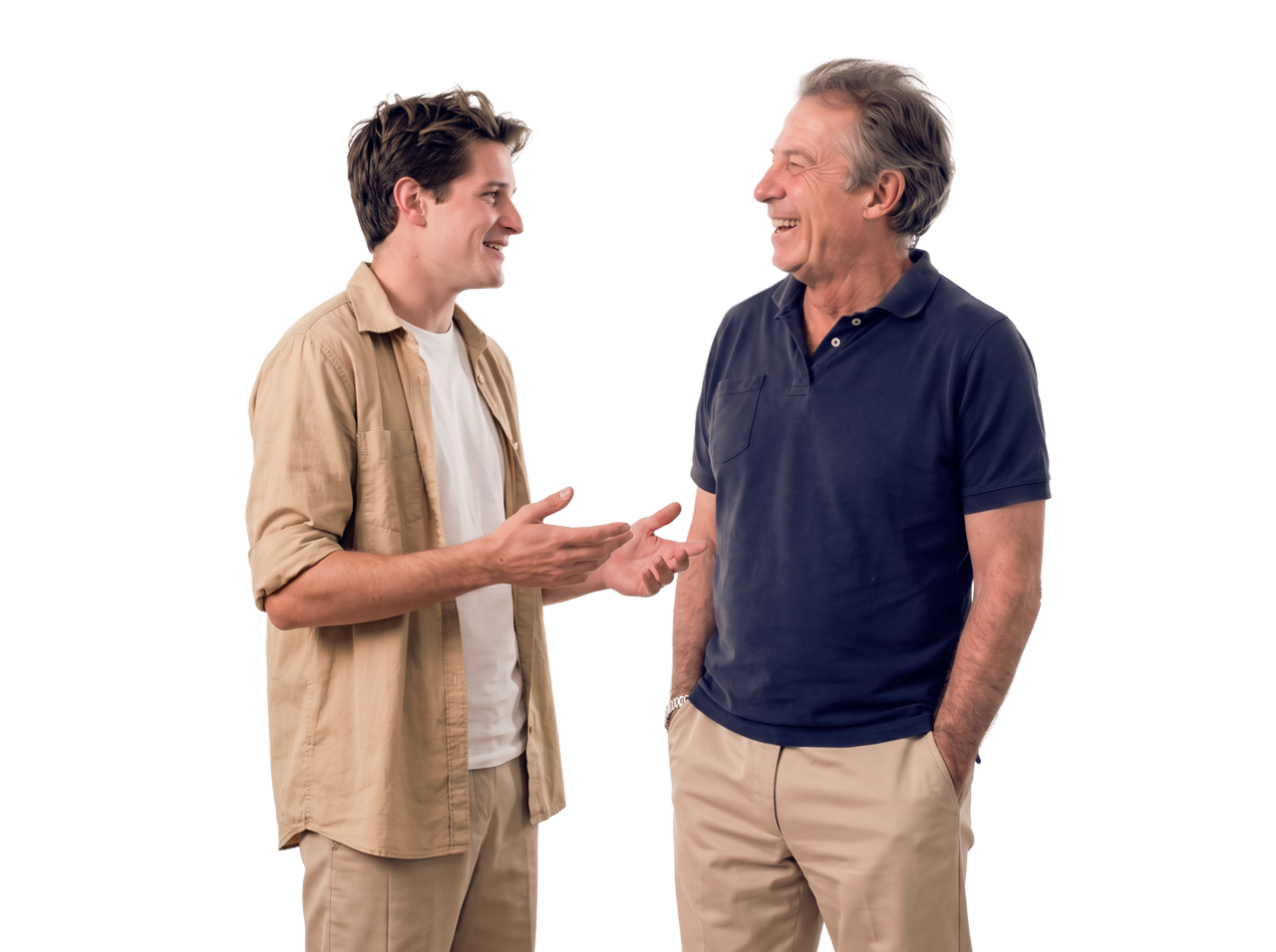Two men walking and talking together