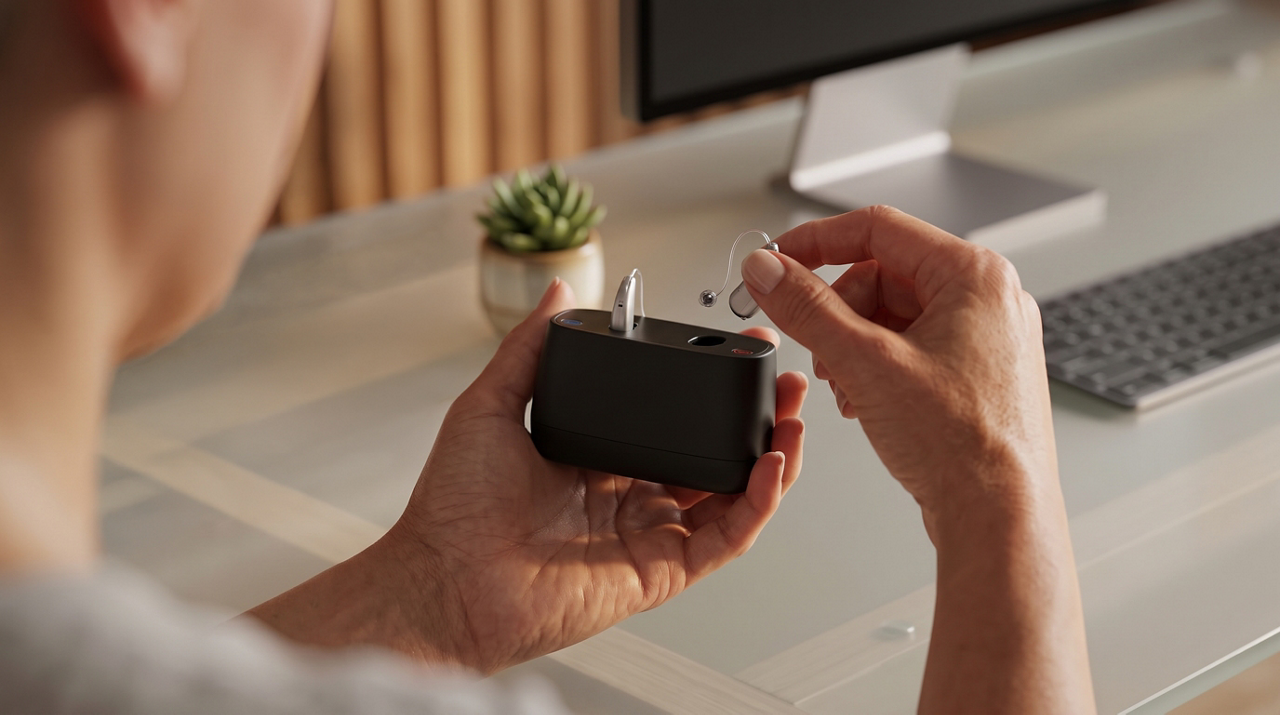 Person handling wireless earbuds at desk