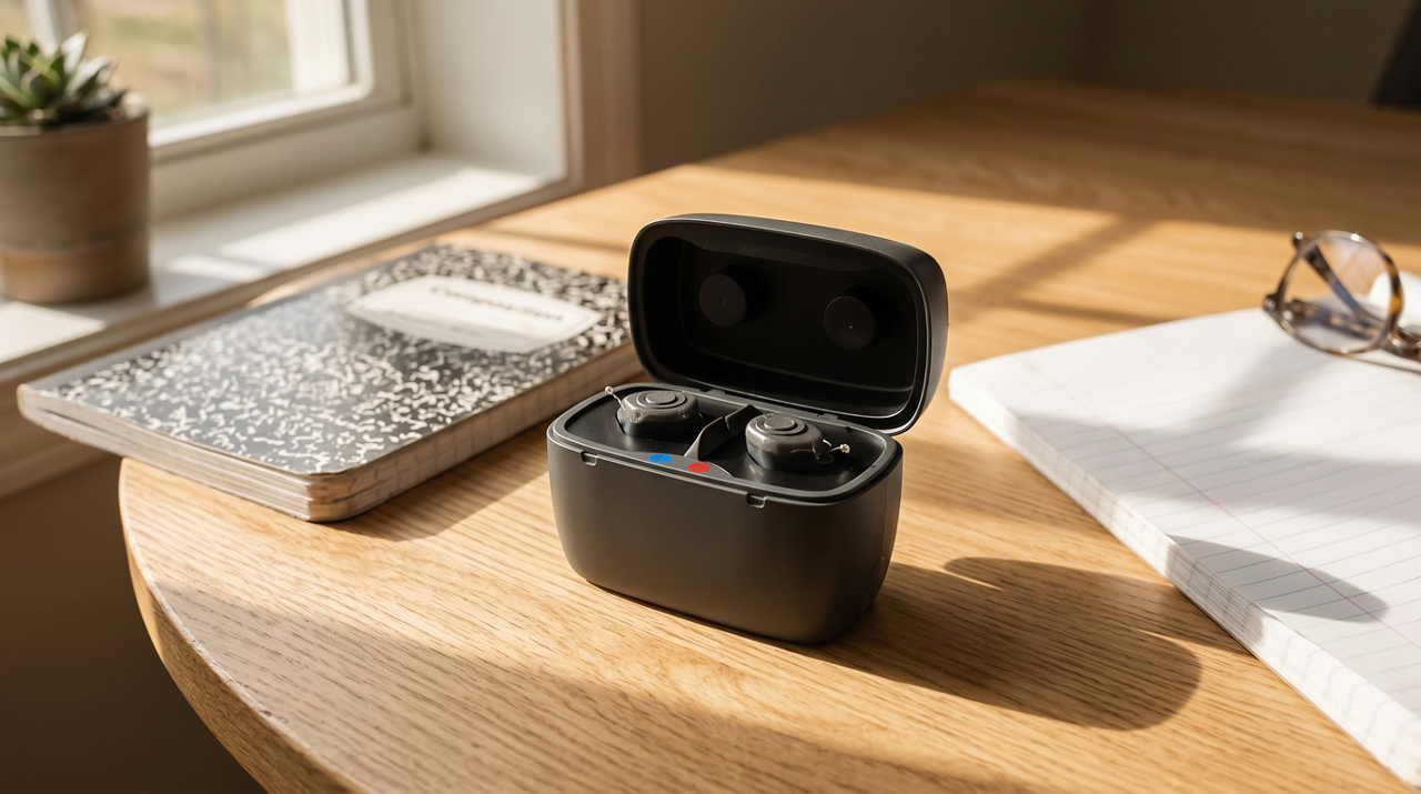 Wireless earbuds case on sunlit desk