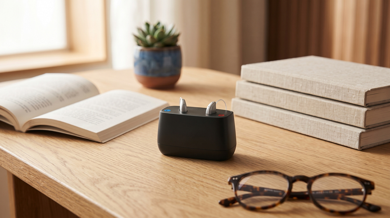 Wireless earbuds charging case on wooden desk