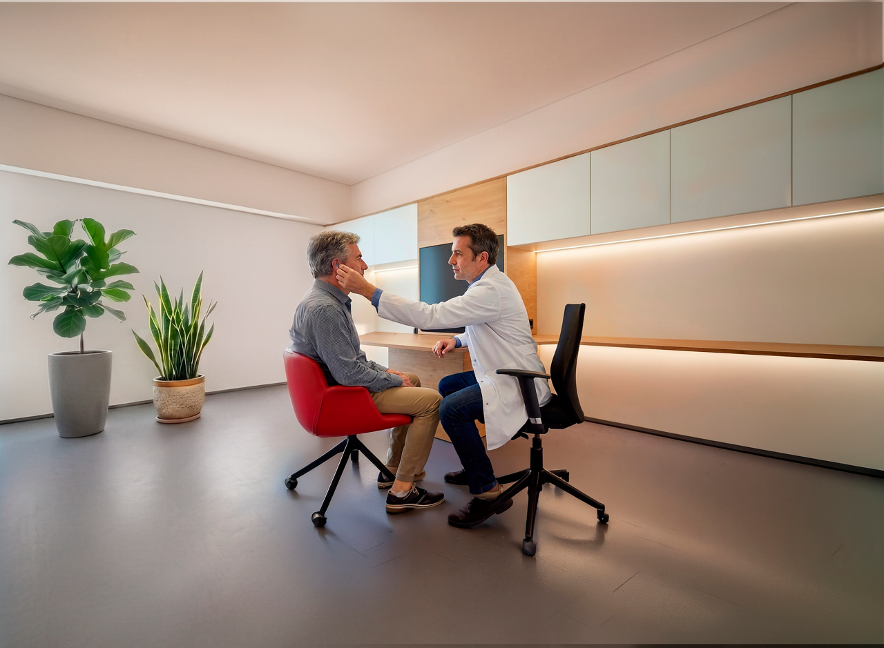 Doctor examining mature male patient in office