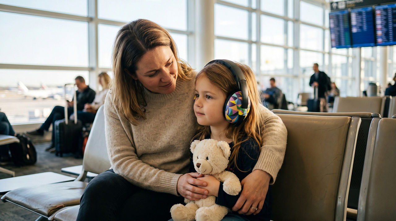 Mother comforting daughter at airport gate
