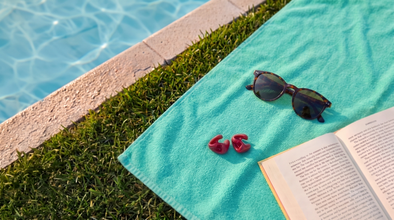 Summer poolside reading with sunglasses