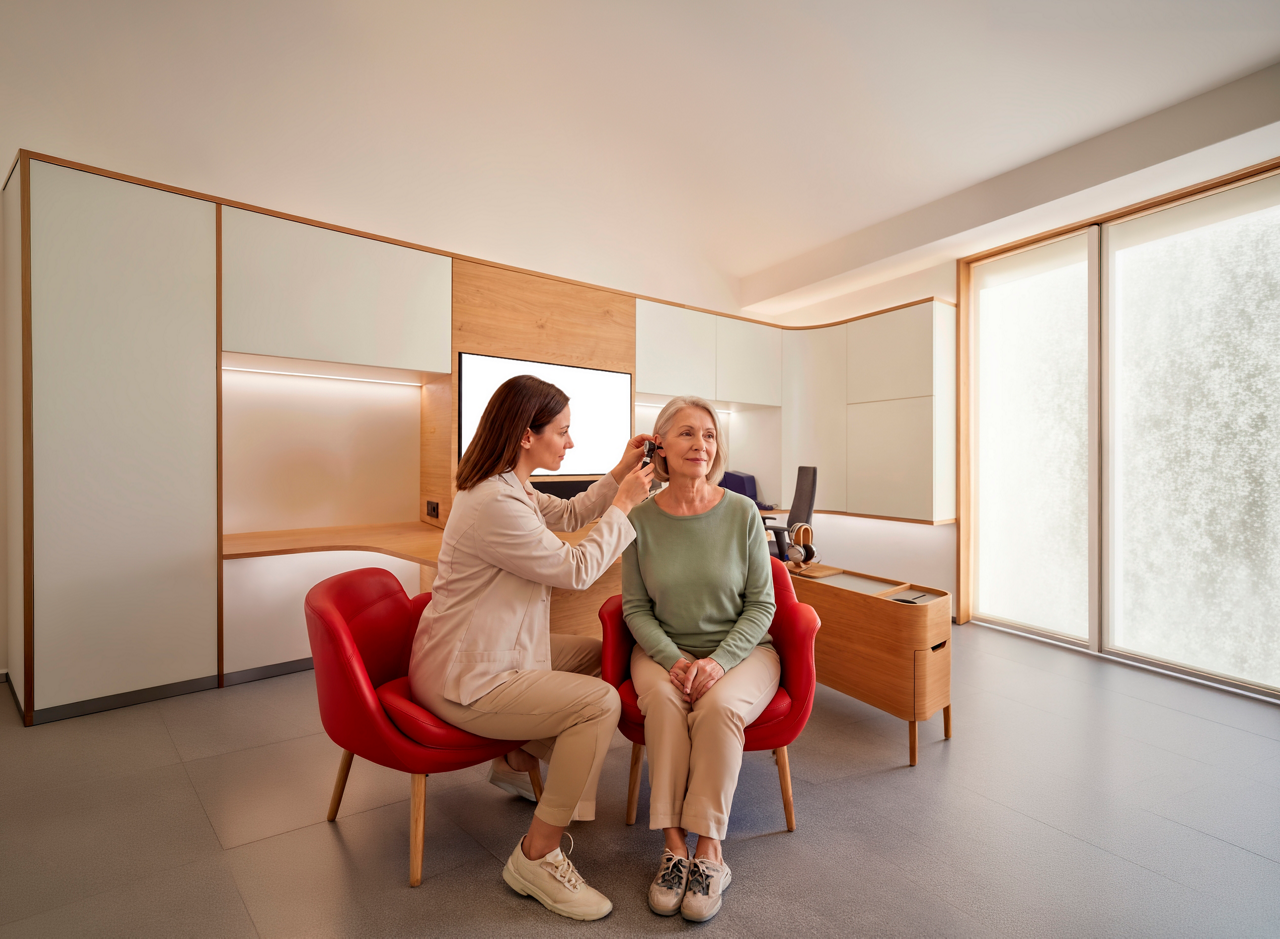 Audiologist fitting hearing aid for senior woman