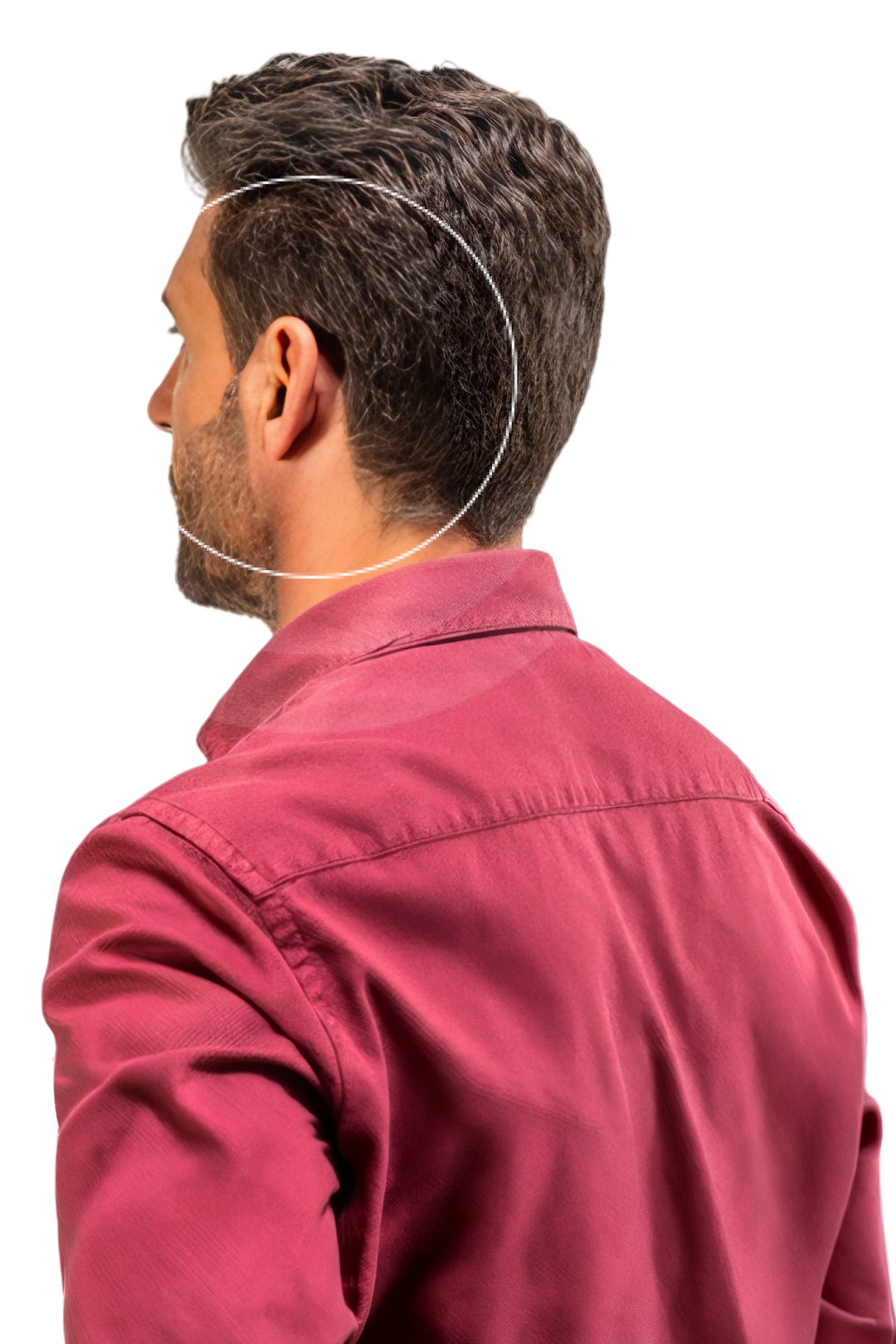 Man in maroon shirt seen from behind