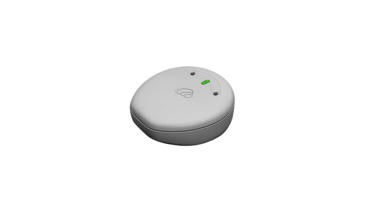 Small white electronic device with indicator lights