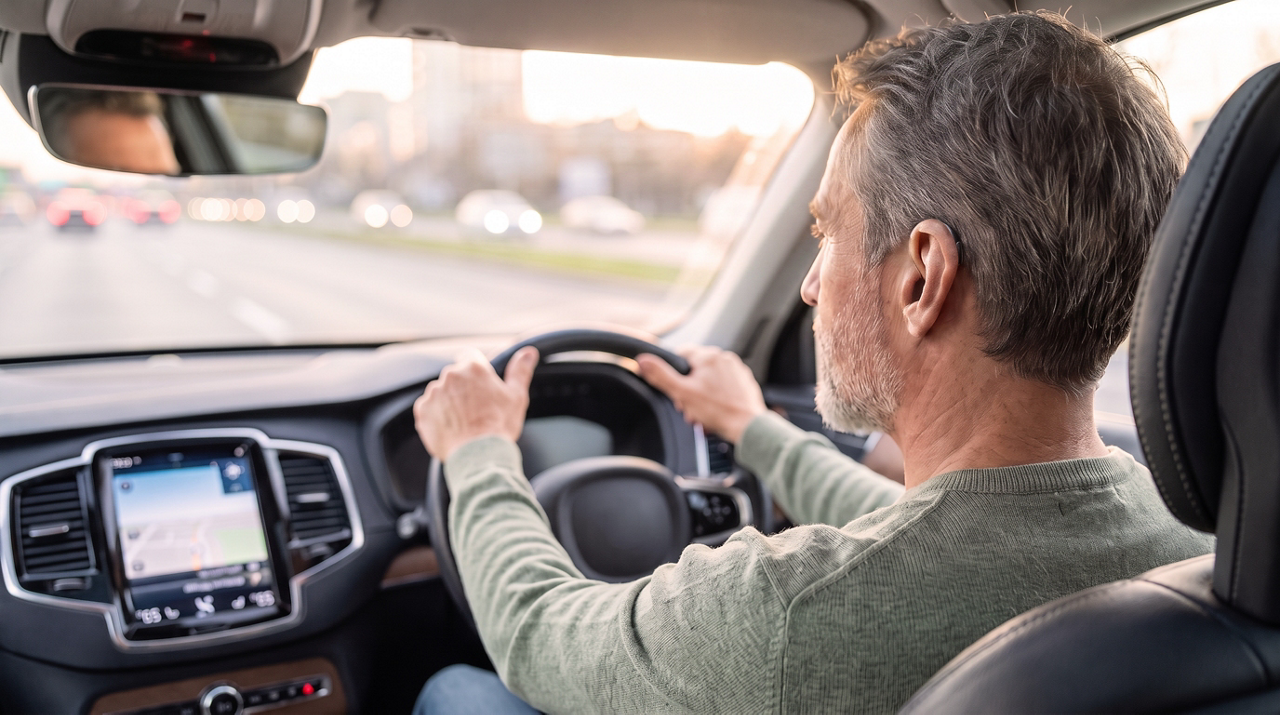 Middle-aged man driving modern car