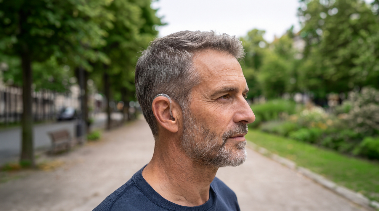 Middle-aged man with hearing aid outdoors