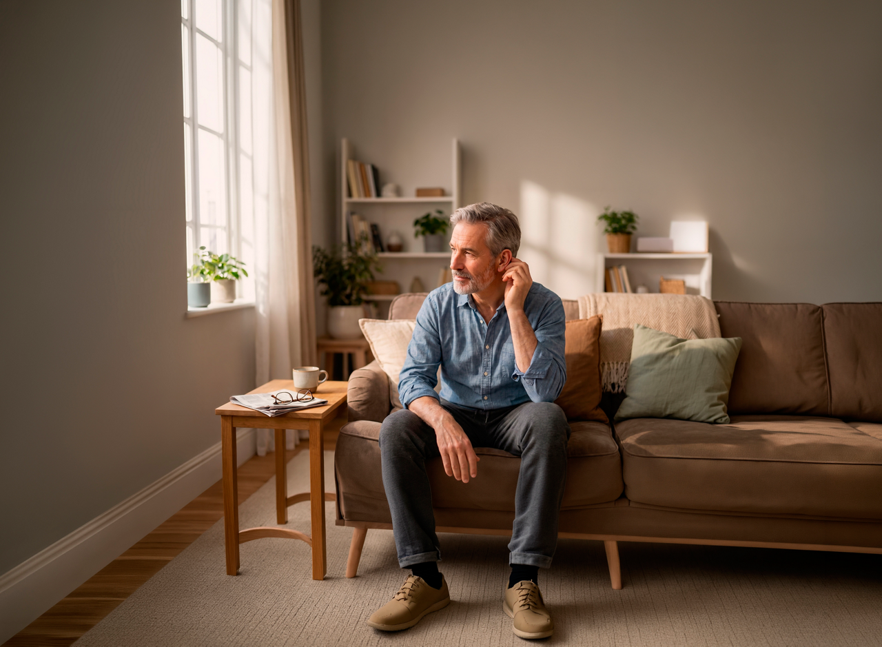 Thoughtful man relaxing on cozy living room sofa