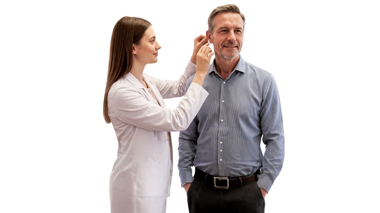 Woman assisting older man with hearing aid