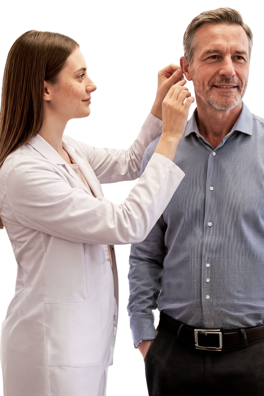 Woman assisting older man with hearing aid